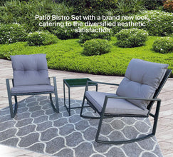Pyramid Home Decor 3-Piece Rocking Bistro Set - Durable & Stylish Synthetic Wicker Outdoor Furniture - Glass Coffee Table with 2 Chairs for Balcony, Patio & Porch - Black Metal, Soft Gray Cushions