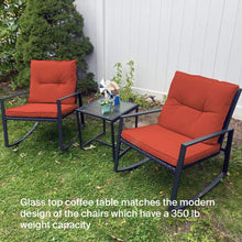 Pyramid Home Decor 3-Piece Rocking Bistro Set - Durable & Stylish Synthetic Wicker Outdoor Furniture - Glass Coffee Table with 2 Chairs for Balcony, Patio & Porch - Black Metal, Soft Gray Cushions