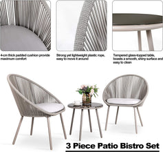 Nuu Garden 3 Piece Woven Rope Patio Furniture Set with Cushions, All Weather Patio Conversation Bistro Set