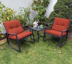 Pyramid Home Decor 3-Piece Rocking Bistro Set - Durable & Stylish Synthetic Wicker Outdoor Furniture - Glass Coffee Table with 2 Chairs for Balcony, Patio & Porch - Black Metal, Soft Gray Cushions