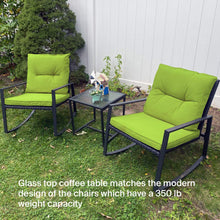 Pyramid Home Decor 3-Piece Rocking Bistro Set - Durable & Stylish Synthetic Wicker Outdoor Furniture - Glass Coffee Table with 2 Chairs for Balcony, Patio & Porch - Black Metal, Soft Gray Cushions