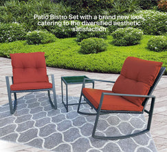 Pyramid Home Decor 3-Piece Rocking Bistro Set - Durable & Stylish Synthetic Wicker Outdoor Furniture - Glass Coffee Table with 2 Chairs for Balcony, Patio & Porch - Black Metal, Soft Gray Cushions
