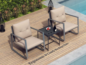 Pyramid Home Decor 3-Piece Rocking Bistro Set - Durable & Stylish Synthetic Wicker Outdoor Furniture - Glass Coffee Table with 2 Chairs for Balcony, Patio & Porch - Black Metal, Soft Gray Cushions
