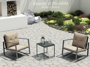 Pyramid Home Decor 3-Piece Rocking Bistro Set - Durable & Stylish Synthetic Wicker Outdoor Furniture - Glass Coffee Table with 2 Chairs for Balcony, Patio & Porch - Black Metal, Soft Gray Cushions