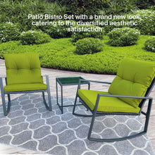 Pyramid Home Decor 3-Piece Rocking Bistro Set - Durable & Stylish Synthetic Wicker Outdoor Furniture - Glass Coffee Table with 2 Chairs for Balcony, Patio & Porch - Black Metal, Soft Gray Cushions