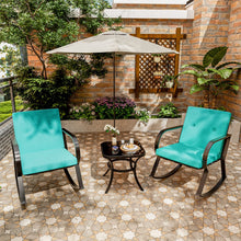 Greesum 3 Pieces Patio Furniture Sets, Outdoor Conversation Rocking Chairs with Soft Cushions and Glass Coffee Table for Balcony, Porch, Yard, Blue