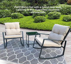 Pyramid Home Decor 3-Piece Rocking Bistro Set - Durable & Stylish Synthetic Wicker Outdoor Furniture - Glass Coffee Table with 2 Chairs for Balcony, Patio & Porch - Black Metal, Soft Gray Cushions