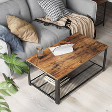 Jaxpety Coffee Table with Metal Frame and Mesh Storage Shelf for Living Room, Rustic Brown