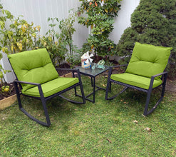 Pyramid Home Decor 3-Piece Rocking Bistro Set - Durable & Stylish Synthetic Wicker Outdoor Furniture - Glass Coffee Table with 2 Chairs for Balcony, Patio & Porch - Black Metal, Soft Gray Cushions
