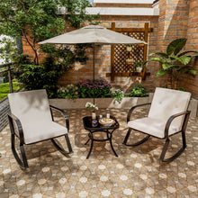 Greesum 3 Pieces Patio Furniture Sets, Outdoor Conversation Rocking Chairs with Soft Cushions and Glass Coffee Table for Balcony, Porch, Yard, Blue