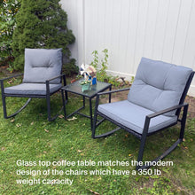 Pyramid Home Decor 3-Piece Rocking Bistro Set - Durable & Stylish Synthetic Wicker Outdoor Furniture - Glass Coffee Table with 2 Chairs for Balcony, Patio & Porch - Black Metal, Soft Gray Cushions