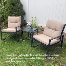 Pyramid Home Decor 3-Piece Rocking Bistro Set - Durable & Stylish Synthetic Wicker Outdoor Furniture - Glass Coffee Table with 2 Chairs for Balcony, Patio & Porch - Black Metal, Soft Gray Cushions