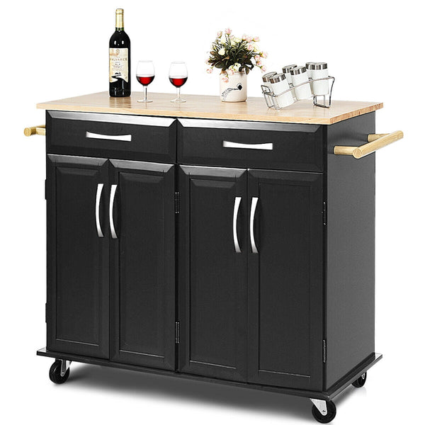 Costway Rolling Kitchen Trolley Island Black Cart Wood Top Storage Cabinet Utility W/ Drawers