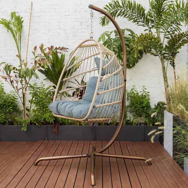 Nicesoul Foldable Wicker Hanging Egg Chair with Stand and Cushions for Indoor Outdoor, Blue