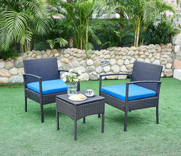 Leasbar Outdoor Chairs Set Bistro Set 3 Pieces Patio Conversation Set Furniture Set for Small Balcony Rattan Chairs and Table with Cushions Blue