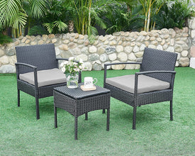 Leasbar Outdoor Chairs Set Bistro Set 3 Pieces Patio Conversation Set Furniture Set for Small Balcony Rattan Chairs and Table with Cushions Blue