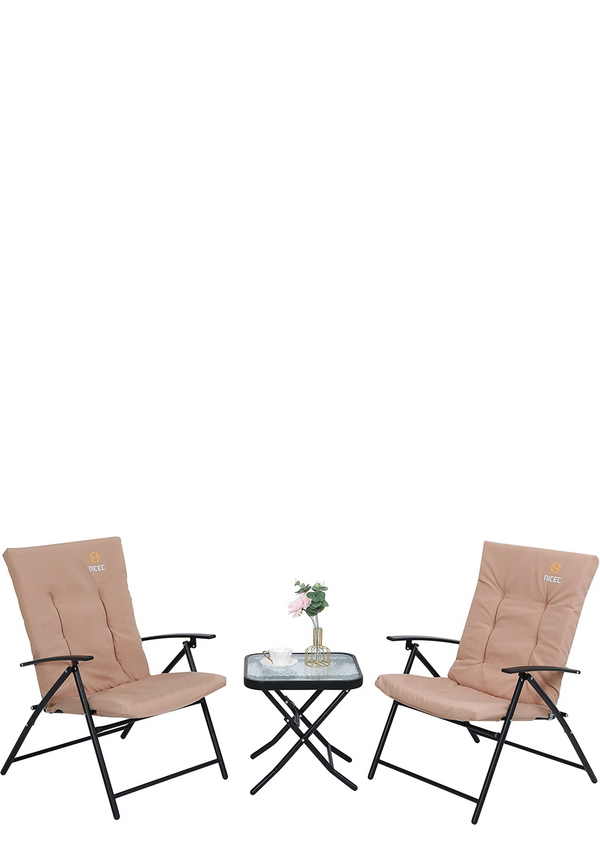 Nice C 3-Piece Patio Dining Set, Outdoor Table Set for 2, Garden Bistro Dining Furniture, 1 Folding Glass Table and 2 Folding Reclining Chairs with Cushion (Beige)