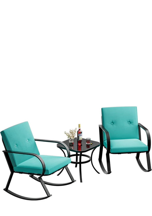Greesum 3 Pieces Patio Furniture Sets, Outdoor Conversation Rocking Chairs with Soft Cushions and Glass Coffee Table for Balcony, Porch, Yard, Blue