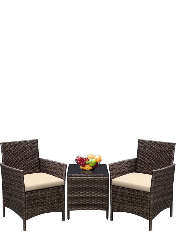 Greesum 3 Pieces Patio Furniture PE Rattan Wicker Chair Conversation Set, Gray and Beige
