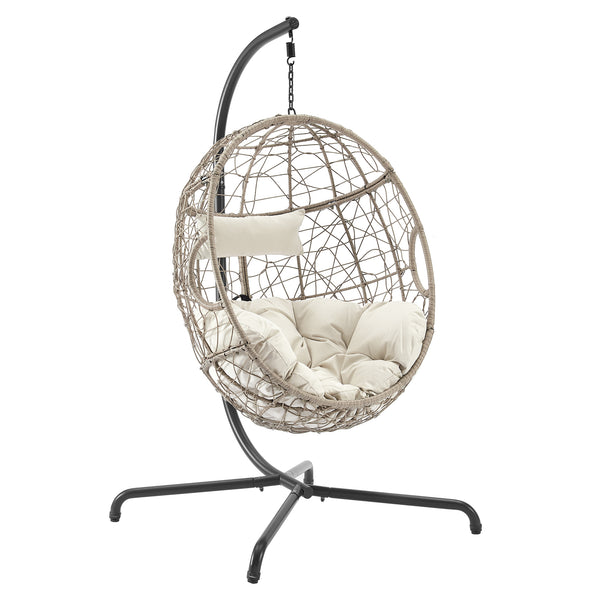 Ulax Furniture Outdoor Patio Wicker Hanging Basket Swing Chair Tear Drop Egg Chair with Cushion and Stand (Update Beige)