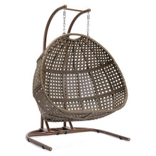 2 Person Hanging Double Swing Chair, X-Large Wicker Rattan Egg Chair with Stand and Cushion for Indoor Outdoor Patio Garden ,Beige+Brown