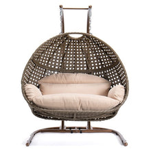 2 Person Hanging Double Swing Chair, X-Large Wicker Rattan Egg Chair with Stand and Cushion for Indoor Outdoor Patio Garden ,Beige+Brown