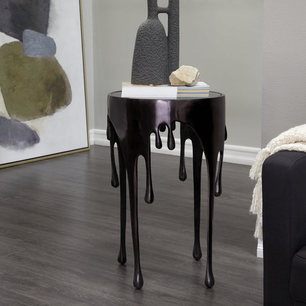 DecMode 16" x 25" Black Aluminum Drip Accent Table with Melting Designed Legs and Shaded Glass Top, 1-Piece