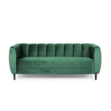 Noble House Hildred Velvet Channel Stitch Sofa, Emerald, Dark Brown