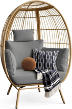 YITAHOME Wicker Egg Chair Outdoor Indoor Oversized Lounger with Stand and Cushions Egg Basket Chair for Patio Backyard Porch - Grey
