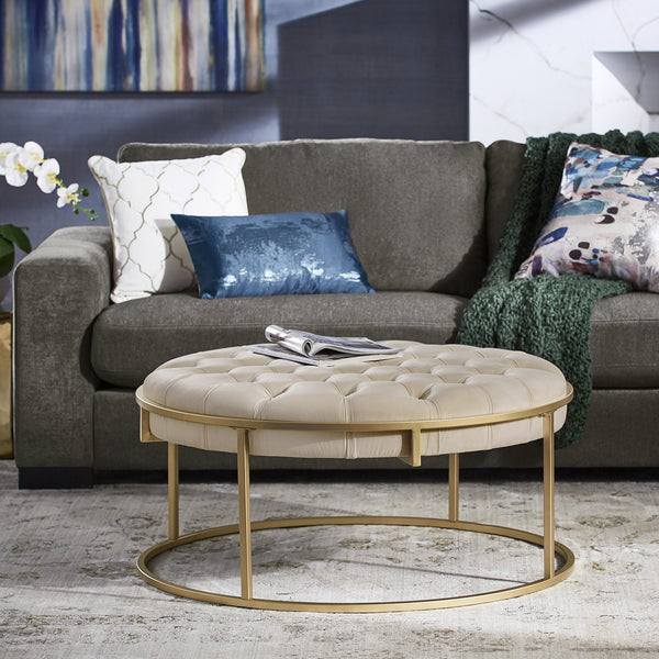 Weston Home Oddie Gold Finish Velvet Button Tufted Round Ottoman, Beige