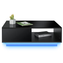 LED Coffee Table Side Table High Gloss Modern Coffee Tea Table W/Drawer & Open Shelf for Living Room Black