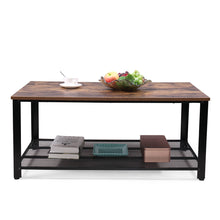 Jaxpety Coffee Table with Metal Frame and Mesh Storage Shelf for Living Room, Rustic Brown
