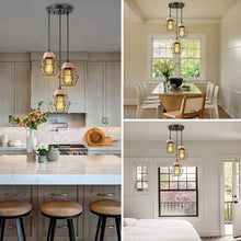 Industrial Pendant Lighting, Kitchen Island Cluster Chandelier, 3 Light Hanging Lighting Fixture with Hemp Rope Metal Shade, Adjustable Retro Ceiling Light for Dinning Room Bar Cafe Foyer Farmhouse