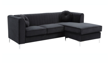 Passion Furniture Delray 87 in. Black Velvet L-Shape 3-Seater Sectional Sofa with 2-Throw Pillow