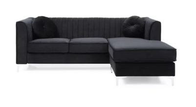 Passion Furniture Delray 87 in. Black Velvet L-Shape 3-Seater Sectional Sofa with 2-Throw Pillow