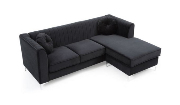 Passion Furniture Delray 87 in. Black Velvet L-Shape 3-Seater Sectional Sofa with 2-Throw Pillow