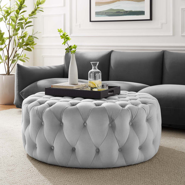 Modway Amour Tufted Button Large Round Performance Velvet Ottoman in Light Gray