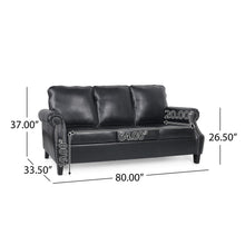 Noble House Amedou Faux Leather 3 Seater Sofa with Nailhead Trim, Midnight Black and Dark Brown