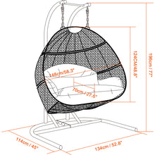 2 Person Hanging Double Swing Chair, X-Large Wicker Rattan Egg Chair with Stand and Cushion for Indoor Outdoor Patio Garden ,Beige+Brown