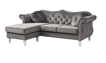 Passion Furniture Hollywood 81 in. Dark Gray Velvet Chesterfield Sectional Sofa with 2-Throw Pillow