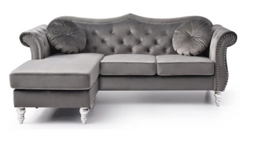 Passion Furniture Hollywood 81 in. Dark Gray Velvet Chesterfield Sectional Sofa with 2-Throw Pillow