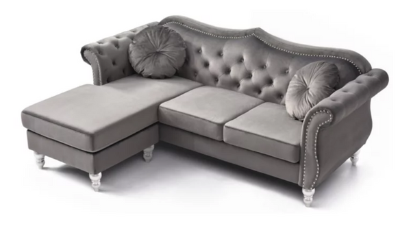 Passion Furniture Hollywood 81 in. Dark Gray Velvet Chesterfield Sectional Sofa with 2-Throw Pillow